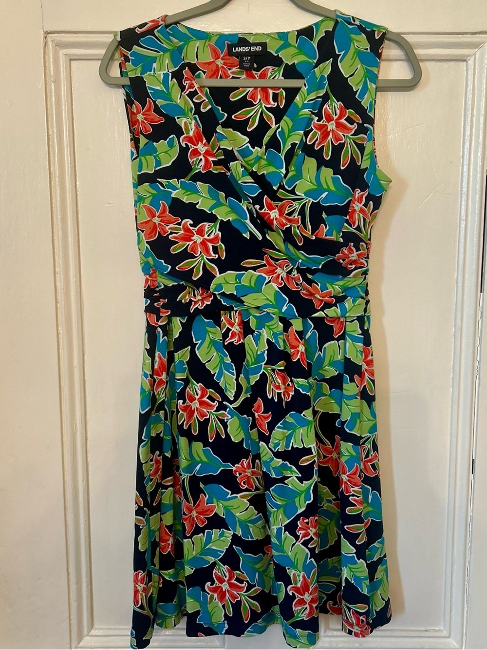 Lands' End Navy Dress with Coral and Green Floral Print. Wrap Waist  size S/P